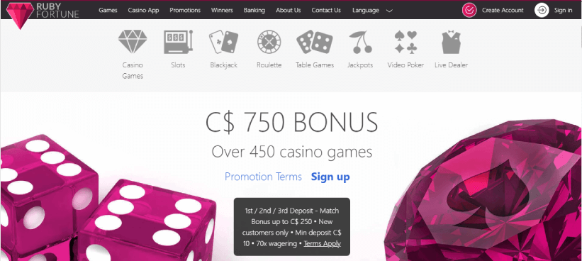 Ruby Fortune Casino-Interface de la plateforme